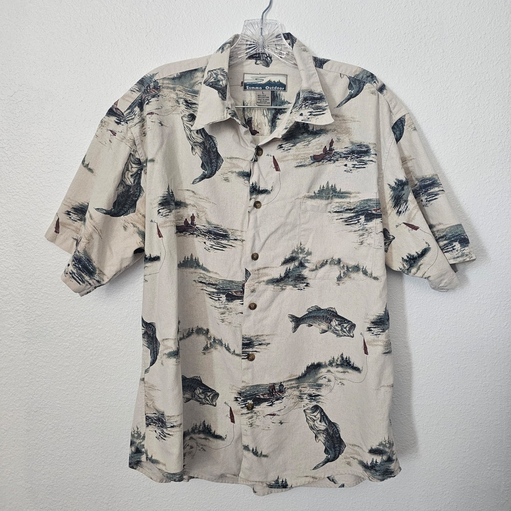 Summa Outdoors 100% Silk Men's Outdoor Bass Fish Themed Short Sleeve Polo Size L